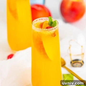 Two peach bellini cocktails in champagne flutes garnished with peach slices, raspberries, and mint.