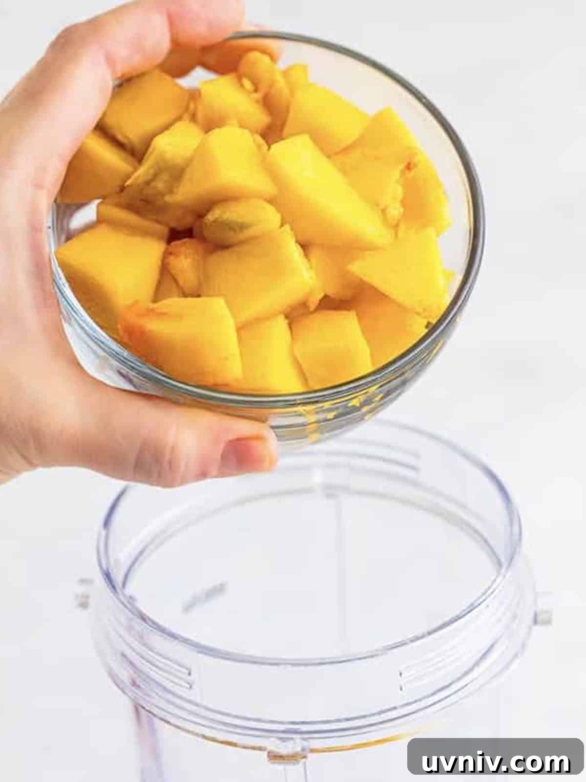 Chopped peaches added to a blender with simple syrup and raspberries for peach bellini puree.