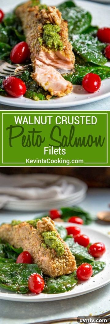 Pesto-Crusted Salmon with Crunchy Walnut Topping 3 With fresh, chopped walnuts used as a crust on salmon filets, this Walnut Crusted Pesto Salmon gets lots of flavor from pesto also made with walnuts instead of pine nuts. Tender and flakey, this salmon is baked, quick and on the table in under 30 minutes.