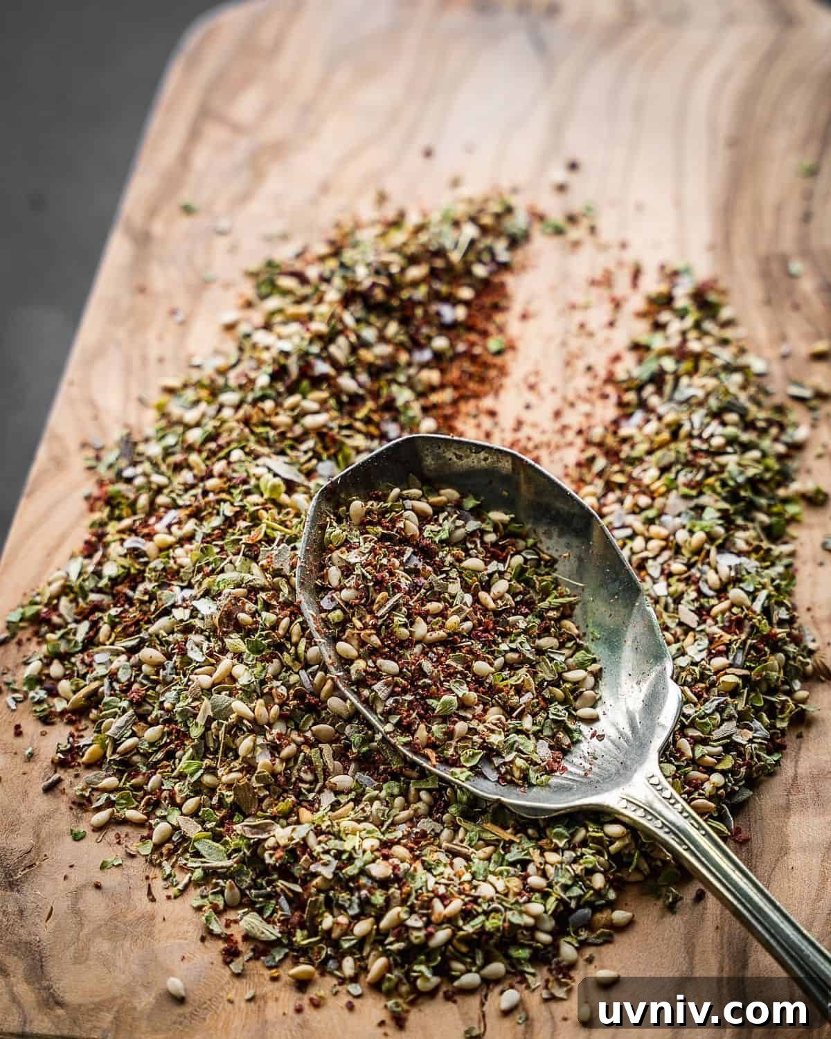 Sumac: Uses, Recipes, and the Spice’s Story 4 Za'atar spice blend on a board with an antique spoon.