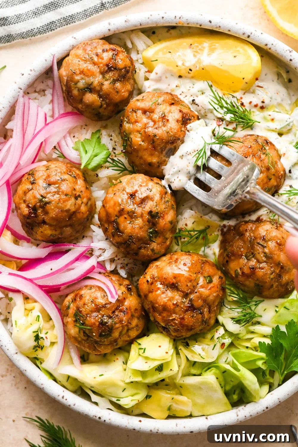 Baked Greek chicken meatballs in a shallow bowl with rice, cabbage salad, thinly sliced pickled red onions, creamy dairy free tzatziki sauce, and a lemon wedge. Bowl is garnished with scattered fresh dill and parsley, black pepper, and a tiny bit of aleppo chili flakes. A fork that's been dipped in the tzatziki is spearing one of the meatballs to lift out for a bite.