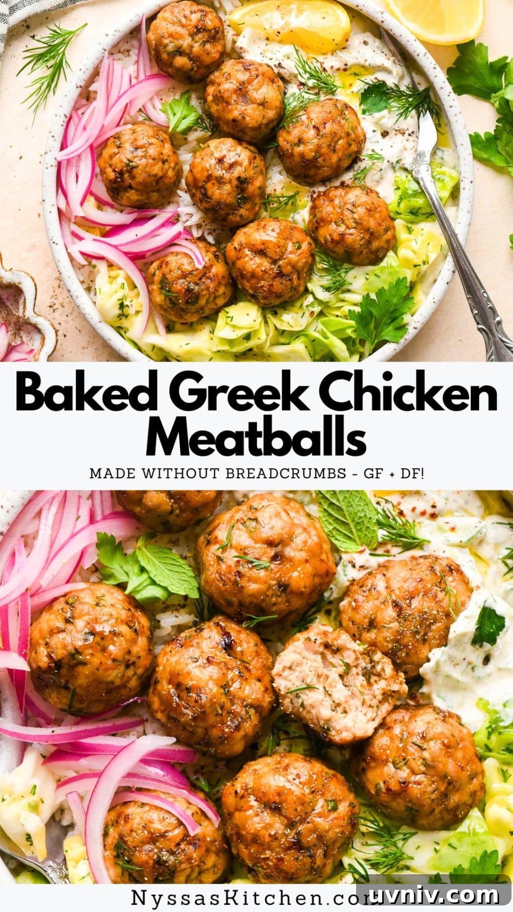 Pinterest pin for Baked Greek Chicken Meatballs