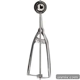 A metal ice cream or cookie dough scoop with a spring-loaded handle, shown upright on a white background.