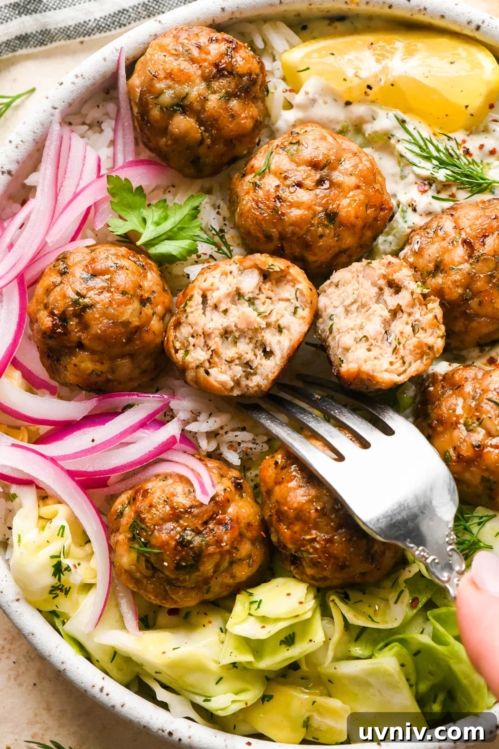 Baked Greek chicken meatballs in a shallow bowl with rice, cabbage salad, thinly sliced pickled red onions, creamy dairy free tzatziki sauce, and a lemon wedge. Bowl is garnished with scattered fresh dill and parsley, black pepper, and a tiny bit of aleppo chili flakes. One of the meatballs is cut in half to show the interior texture, and a fork is angled into the bowl near the cut meatball.