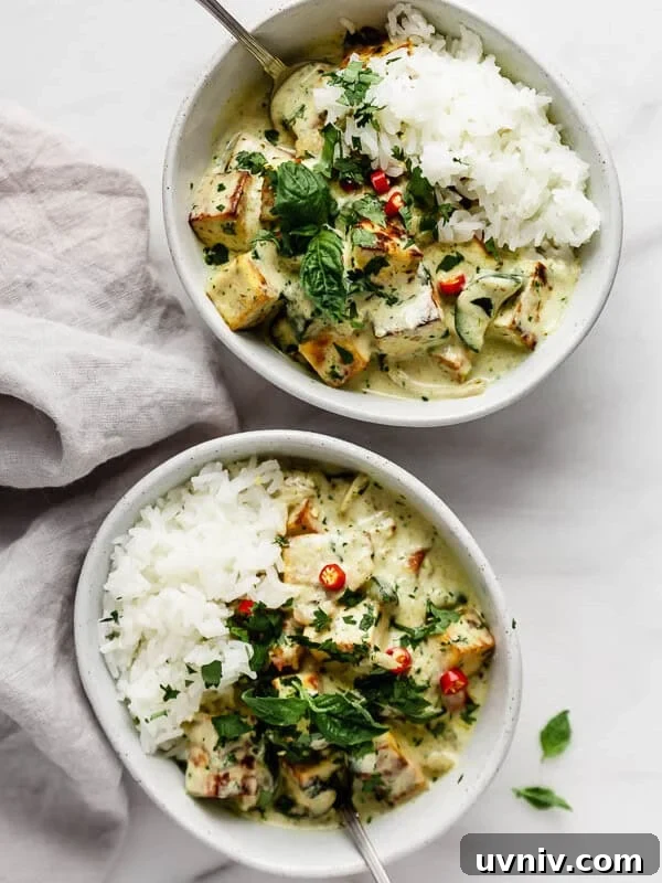 Crispy Baked Peanut Butter Tofu with Sticky Soy Glaze 13 two bowls of thai green curry tofu