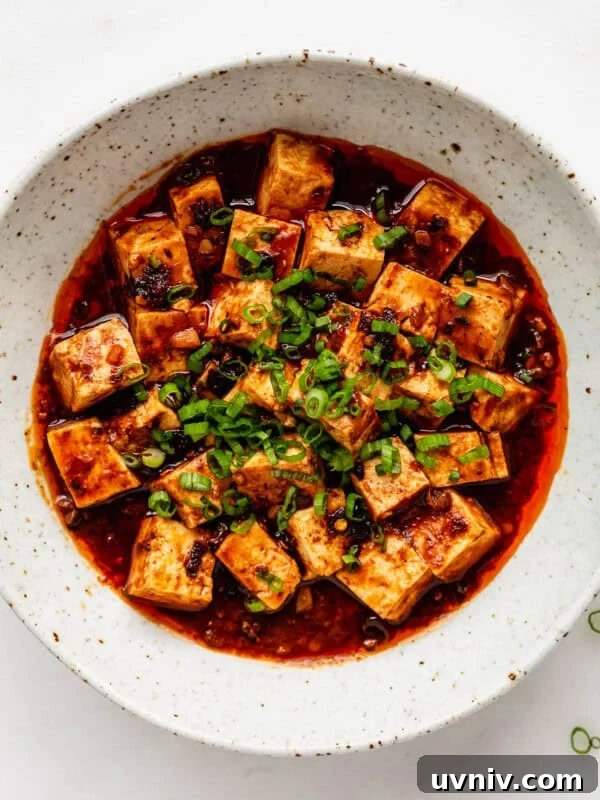 Crispy Baked Peanut Butter Tofu with Sticky Soy Glaze 14 mapo tofu in a white speckled bowl topped with scallions