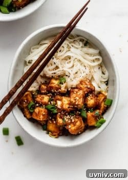 a bowl of noodles topped with peanut butter tofu, sesame seeds and green onions