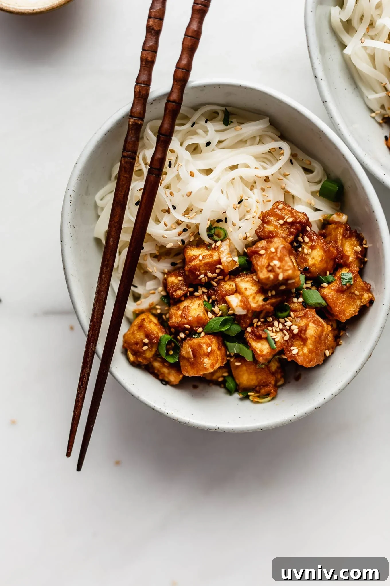 Crispy Baked Peanut Butter Tofu with Sticky Soy Glaze 10 peanut butter tofu in a bowl with rice noodles.