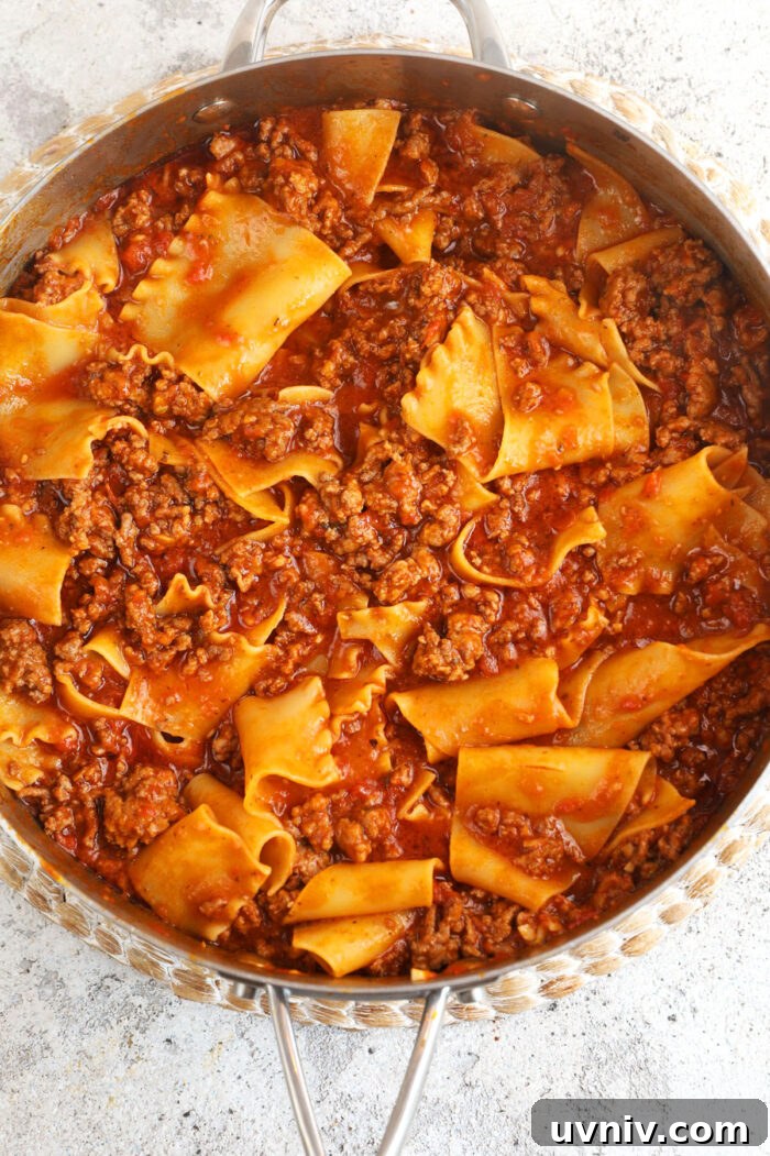 Skillet lasagna in the process of cooking