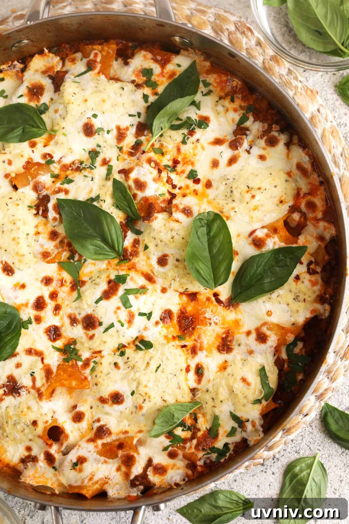 Overhead view of cheesy skillet lasagna