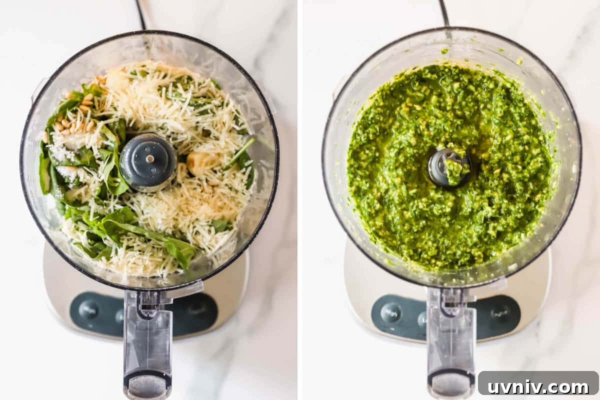 Creamy Basil Pesto Pasta Recipe for Quick Weeknight Meals 5 Ingredients for basil pesto in a food processor and the blended pesto in the food processor.