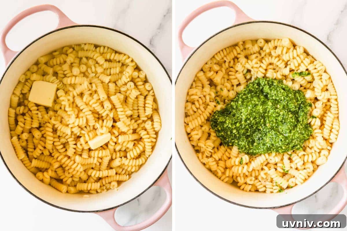 Creamy Basil Pesto Pasta Recipe for Quick Weeknight Meals 6 Cooked pasta in a pot with butter on the left and pesto on top of the buttered pasta on the right.