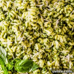Creamy Basil Pesto Pasta Recipe for Quick Weeknight Meals 9 Basil pesto pasta topped with parmesan and fresh basil.
