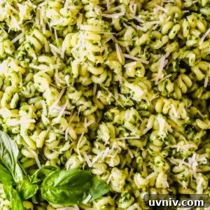 Creamy Basil Pesto Pasta Recipe for Quick Weeknight Meals 10 Basil pesto pasta topped with parmesan and fresh basil.