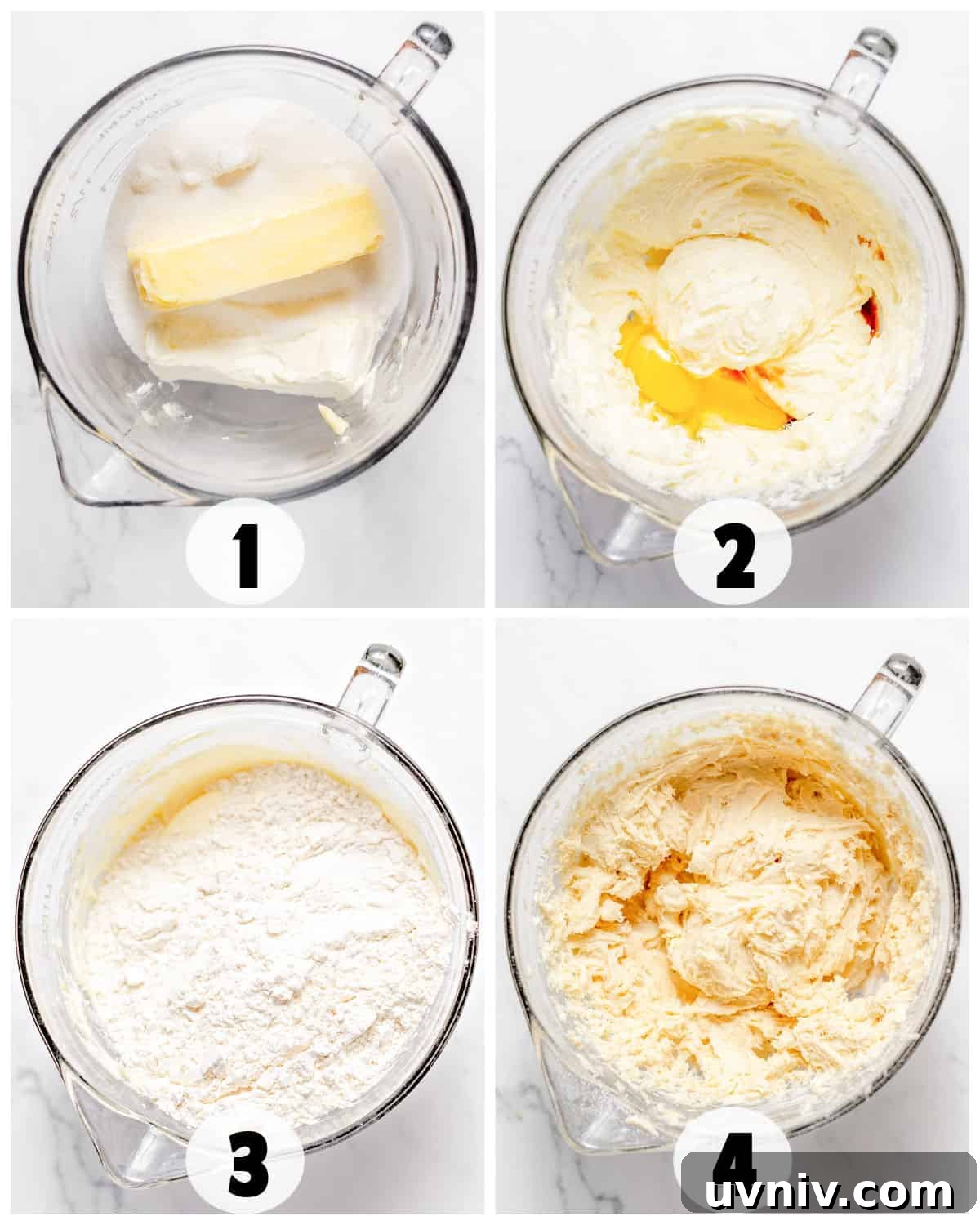 Witness the gooey transformation in this classic cookie recipe: 1. Cream butter and sugar, 2. Blend in egg and vanilla, 3. Fold in flour, 4. Mix until a perfect dough forms.