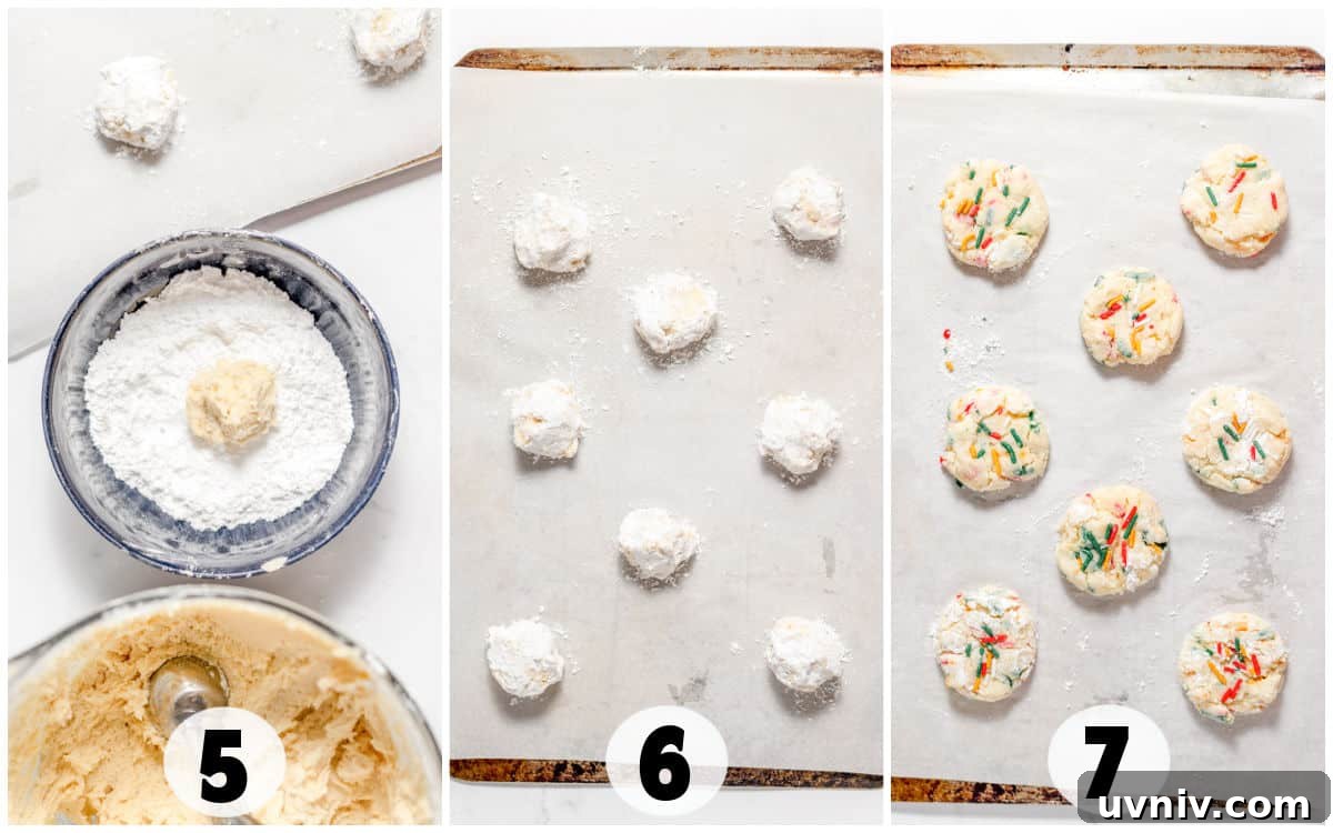 A three-panel image capturing the making of Gooey Butter Cookies: Panel 5 features dough balls in a bowl dusted with powdered sugar; Panel 6 shows them neatly arranged on parchment paper; Panel 7 reveals the final baked cookies adorned with colorful sprinkles.