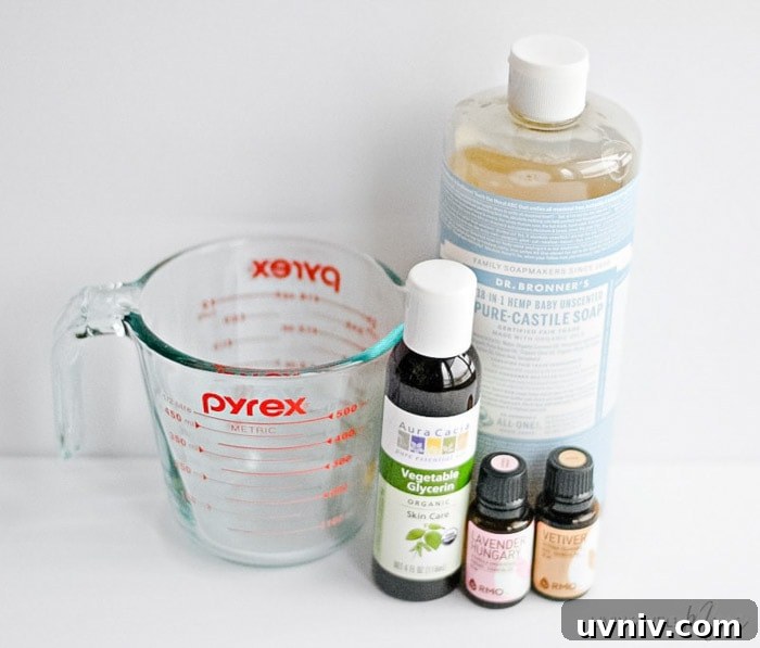 castile soap, vegetable glycerin, and essential oils