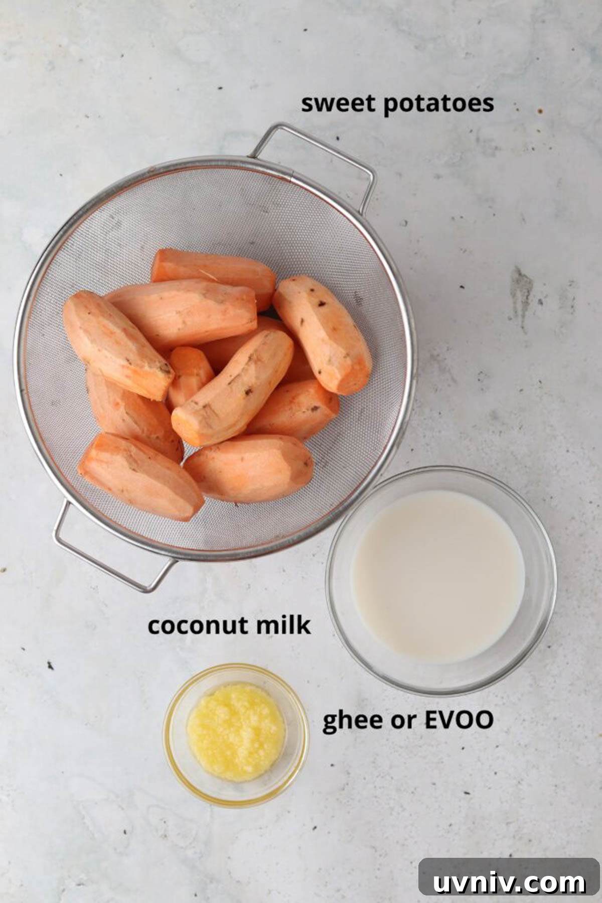 Vegan sweet potato mash ingredients in small glass bowls.