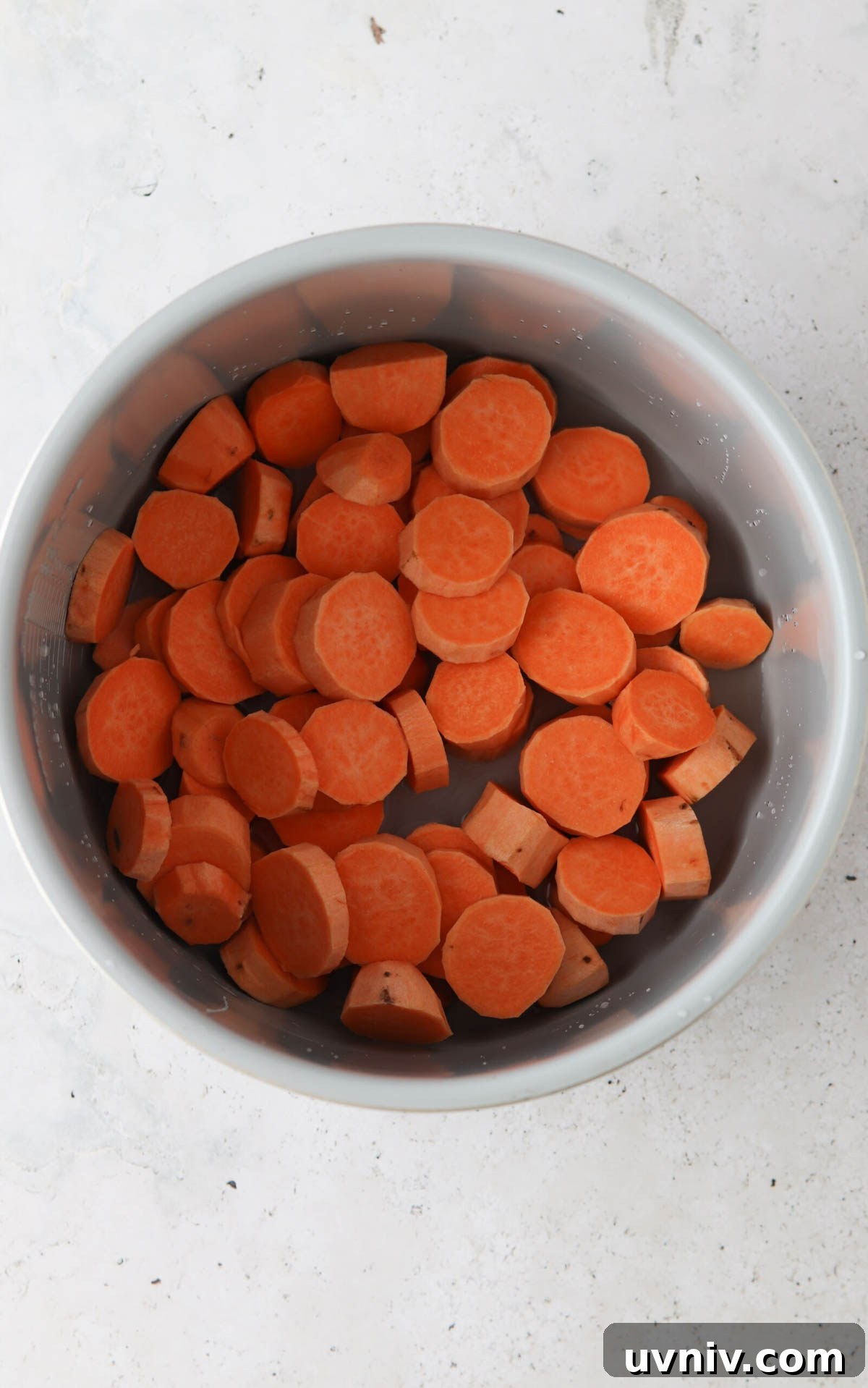 Sliced sweet potatoes in a pressure cooker base.