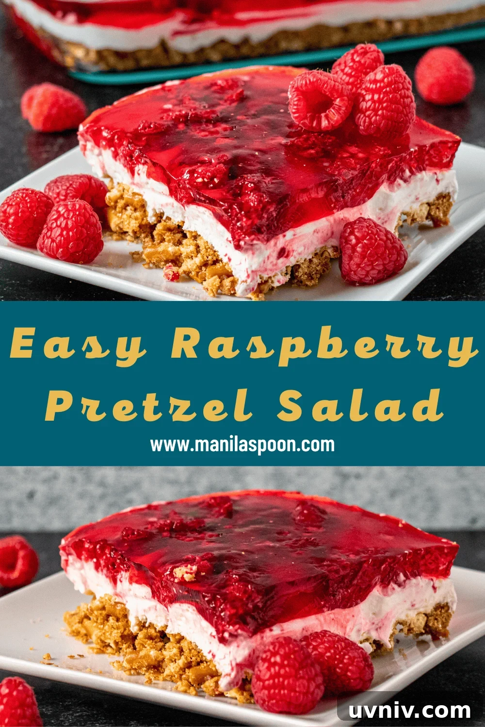 Raspberry Pretzel Salad Recipe with Creamy Filling and Crunch 3 Pretzel crust close up