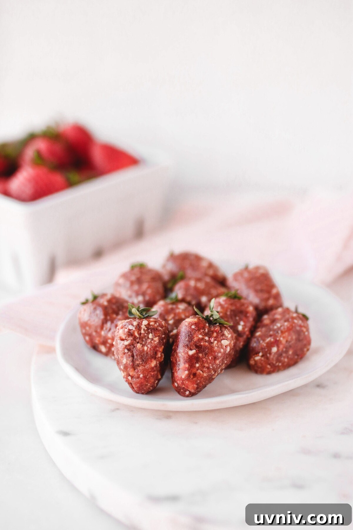 Strawberry Bliss Balls Recipe: No-Bake Energy Bites with Oats 2 A plate of strawberry bliss balls shaped like strawberries, with green tops, sits on a white marble surface. In the background, a container holds fresh strawberries. A light pink cloth drapes nearby.