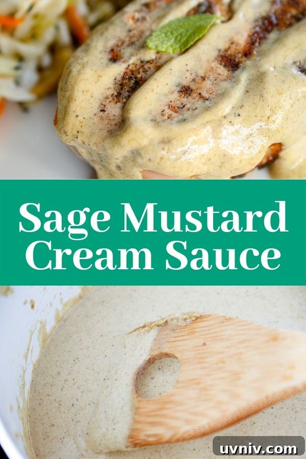 sage mustard cream sauce on top of a grilled pork chop and shown being prepared