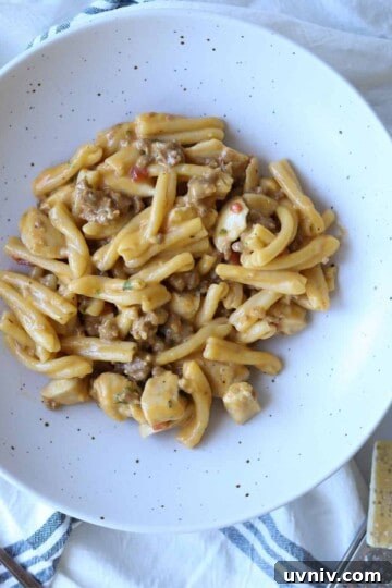 chicken and chorizo pasta on speckled plate