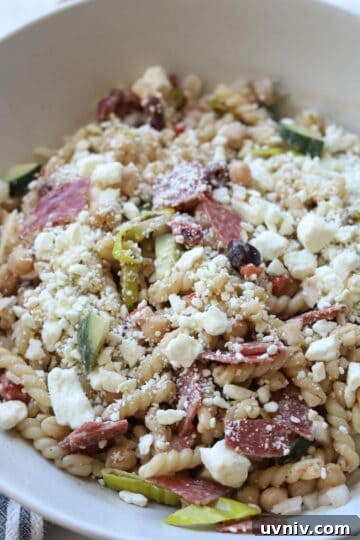 Pasta salad topped with feta cheese.