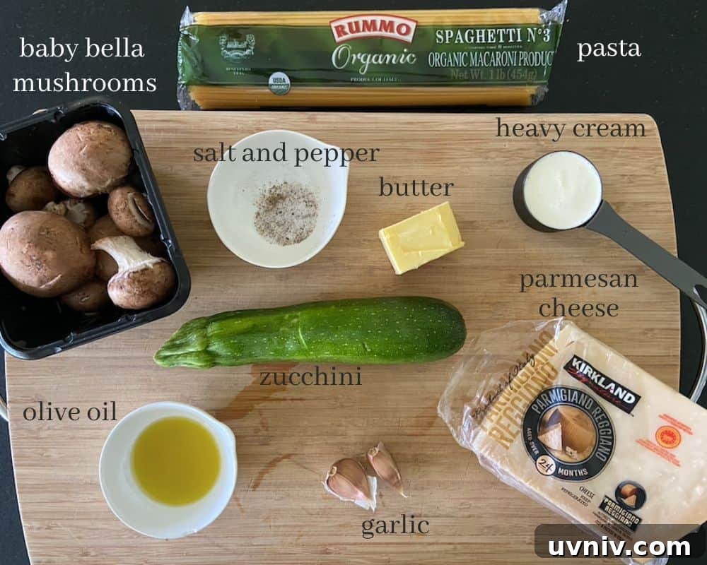 pasta ingredients on cutting board with text