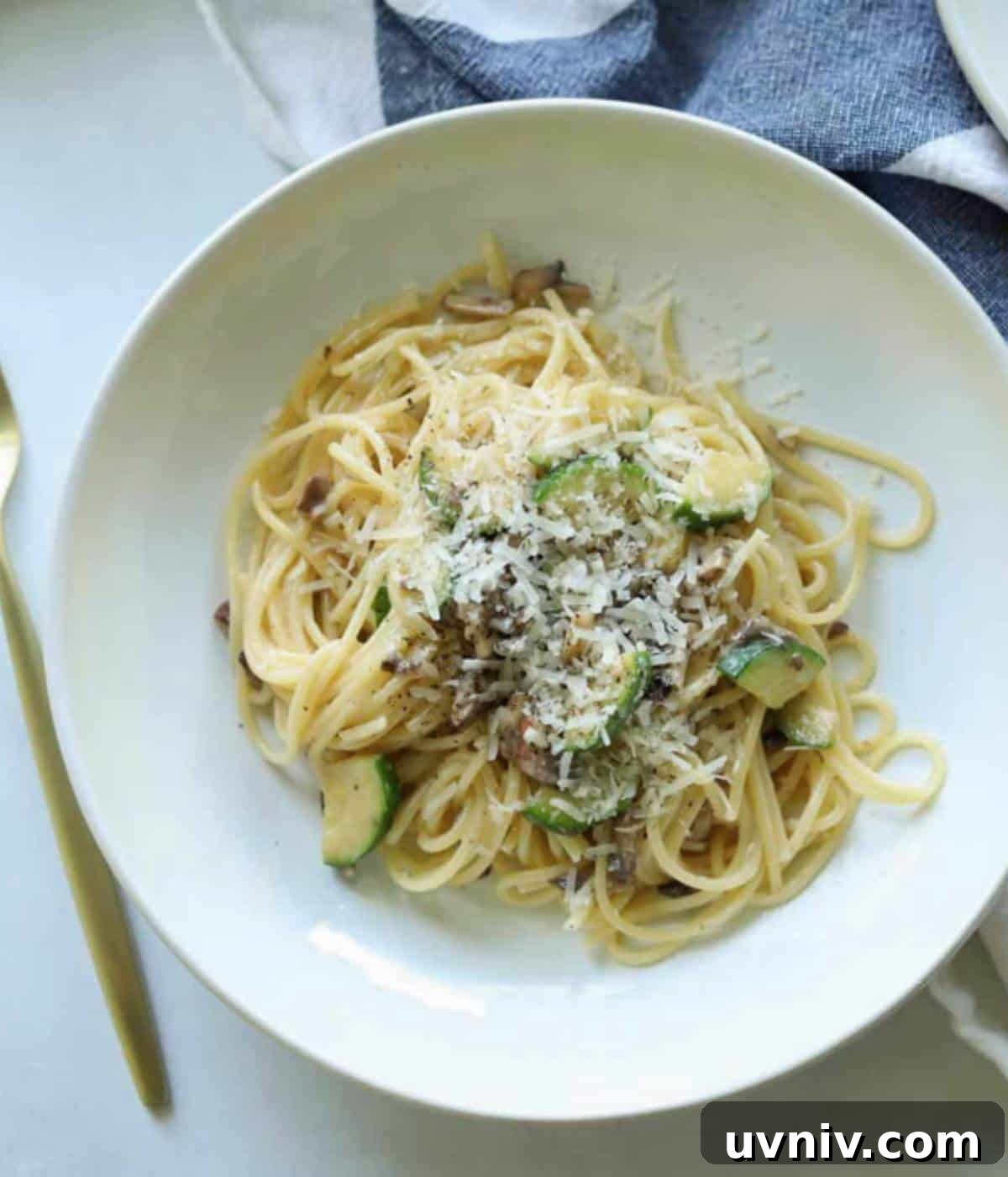 Spaghetti topped with creamy mushrooms and zucchini.