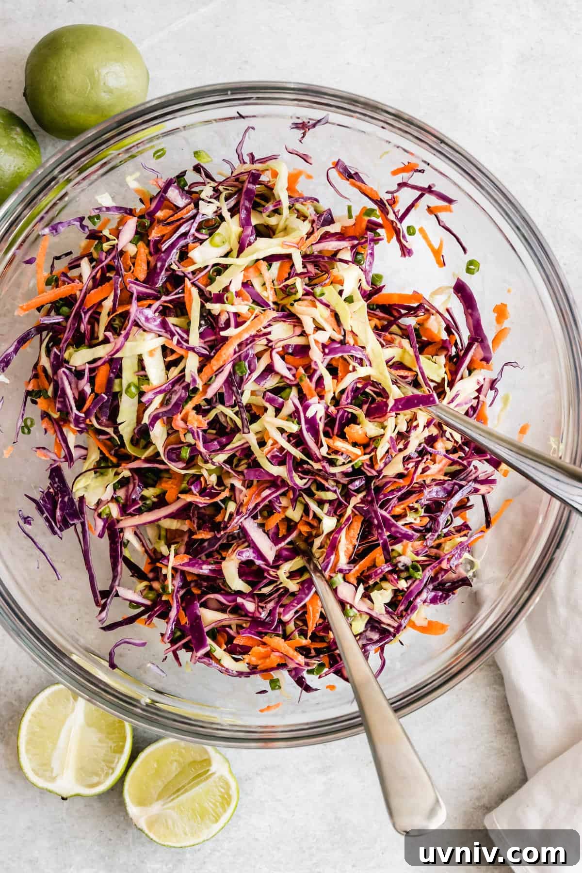The Completed Asian Cabbage Slaw in a Large Glass Bowl