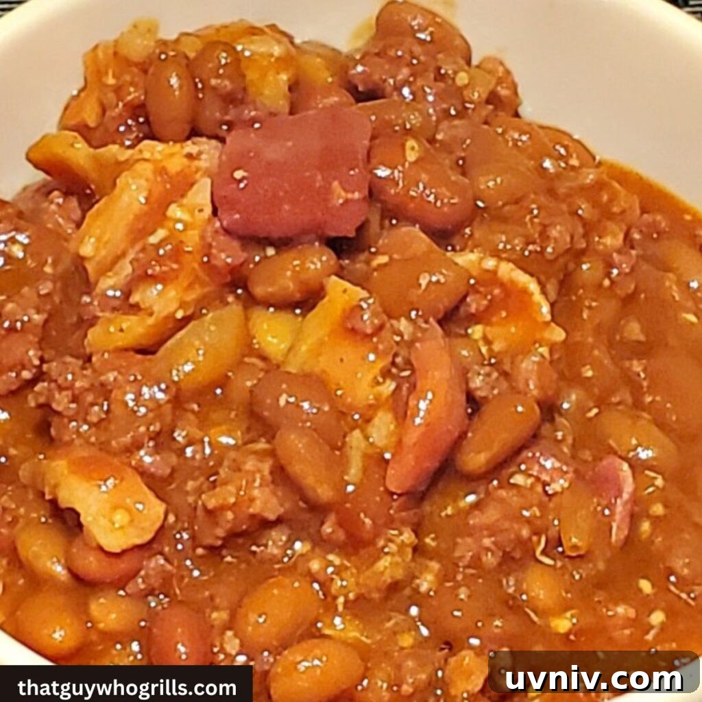 Top Side Dishes to Serve with Smoked Turkey 12 Smoked Loaded baked beans in white bowl
