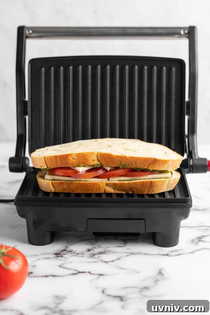 Grill and serve Vegan caprese sandwich on panini press