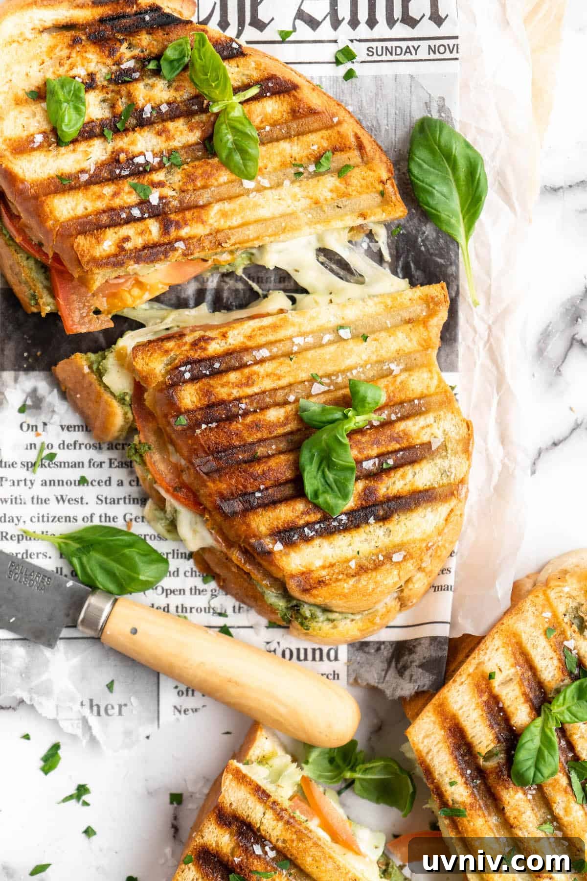 This vegan Caprese sandwich layers plant-based mozzarella with fresh tomatoes and parsley pesto, all on crusty French bread. Best lunch ever! Halved vegan caprese sandwiches set on newspaper, with basil leaves scattered over them for garnish