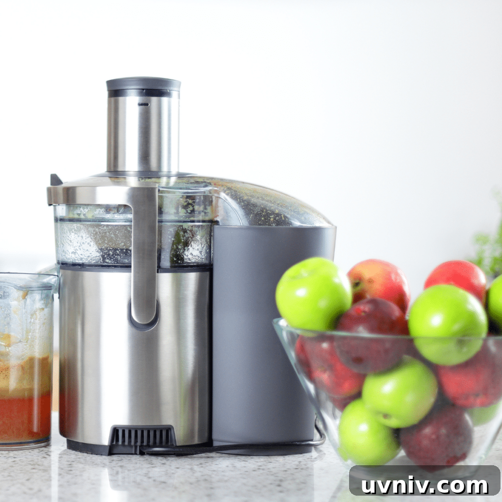 Apple juice on juice machine-juicing concept. Apples in bowl in kitching and fresh pressed juice.