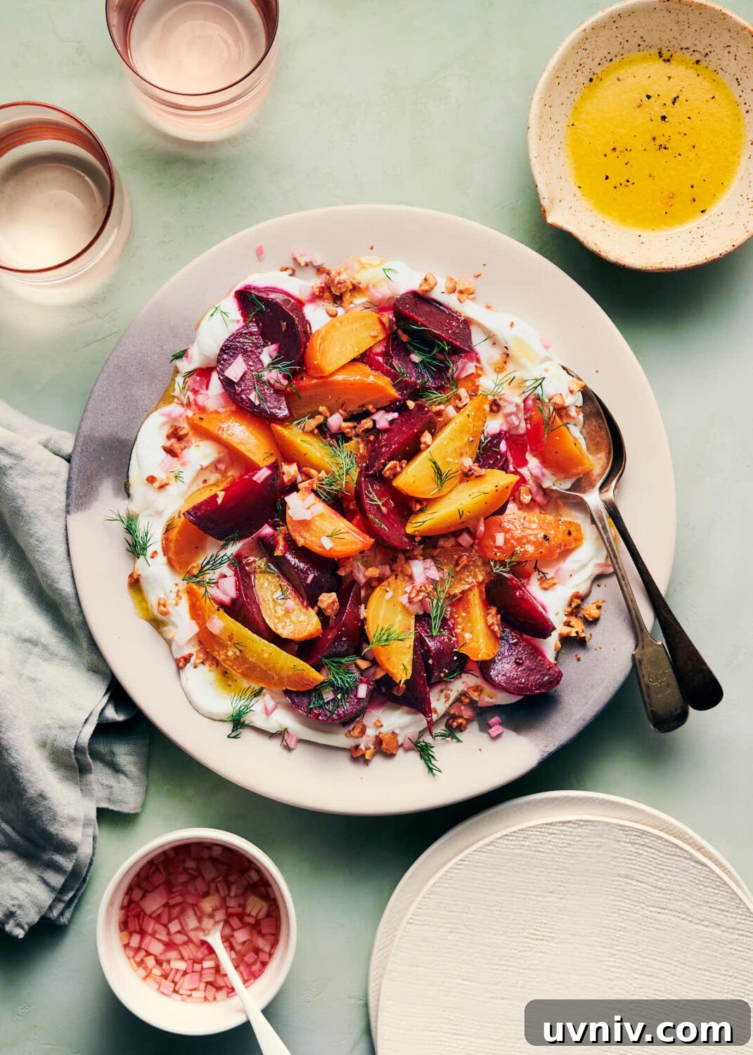 Roasted Beet and Labneh Salad with Mint and Pistachios 10 Roasted beet and labneh on a serving platter on the table with dishes and glasses