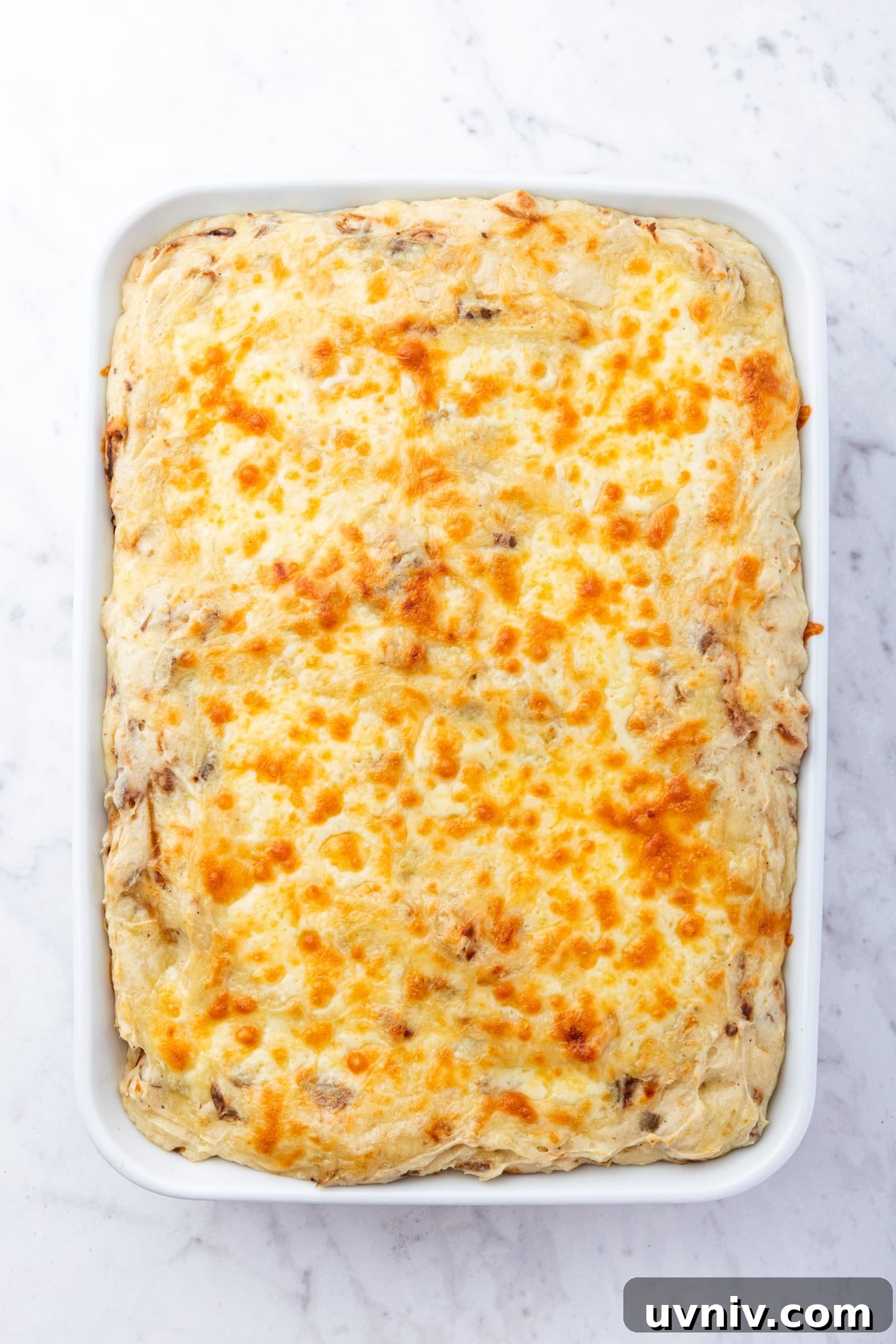 French Onion Potato Casserole Recipe with Melty Cheese 16 Large white baking dish filled with baked French onion potato casserole