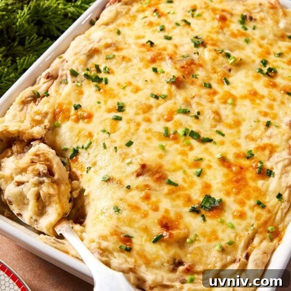 French Onion Potato Casserole Recipe with Melty Cheese 19 Large white baking dish filled with French onion potato casserole with cheese over the top and sprinkled with chopped parsley.