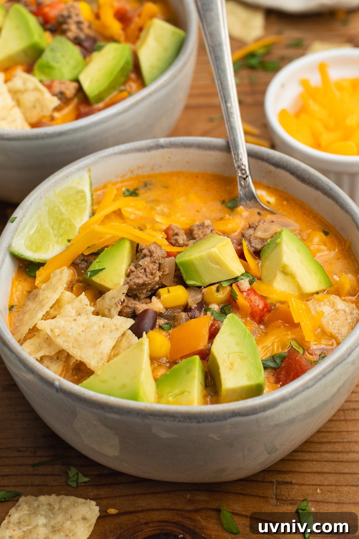 Creamy Beef Taco Soup Recipe — Comforting Weeknight Meal 2 This is a picture of a close-up of the soup.