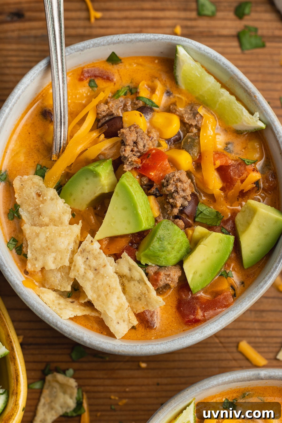 Creamy Beef Taco Soup Recipe — Comforting Weeknight Meal 11 This is a picture of a bowl with creamy beef taco soup.