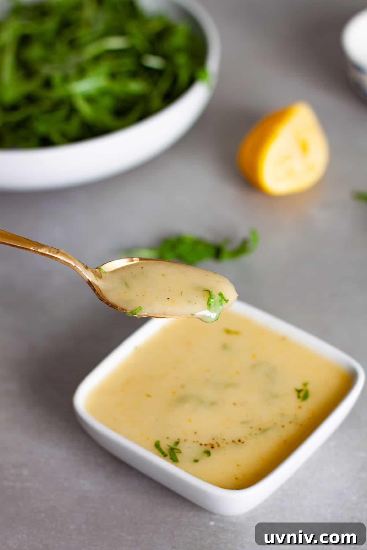 Zesty Preserved Lemon Vinaigrette Recipe for Salads & Marinades 8 A spoonful of preserved lemon vinaigrette above a bowl of the dressing.