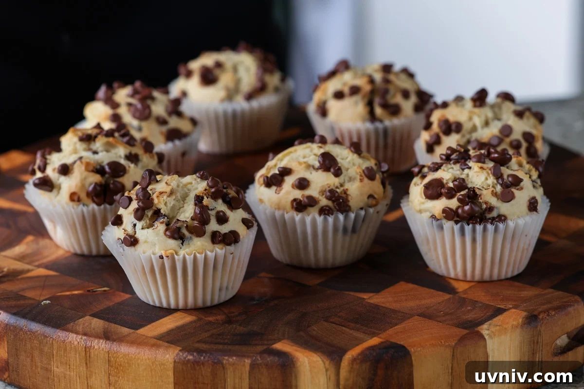 lots of chocolate chip muffins on a wooden cutting board