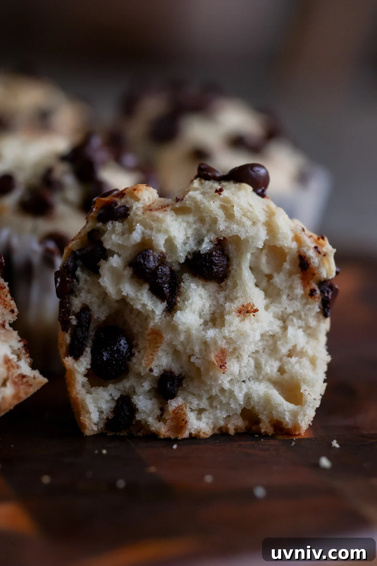 chocolate chip muffin cut in half, showing the fluffy inside