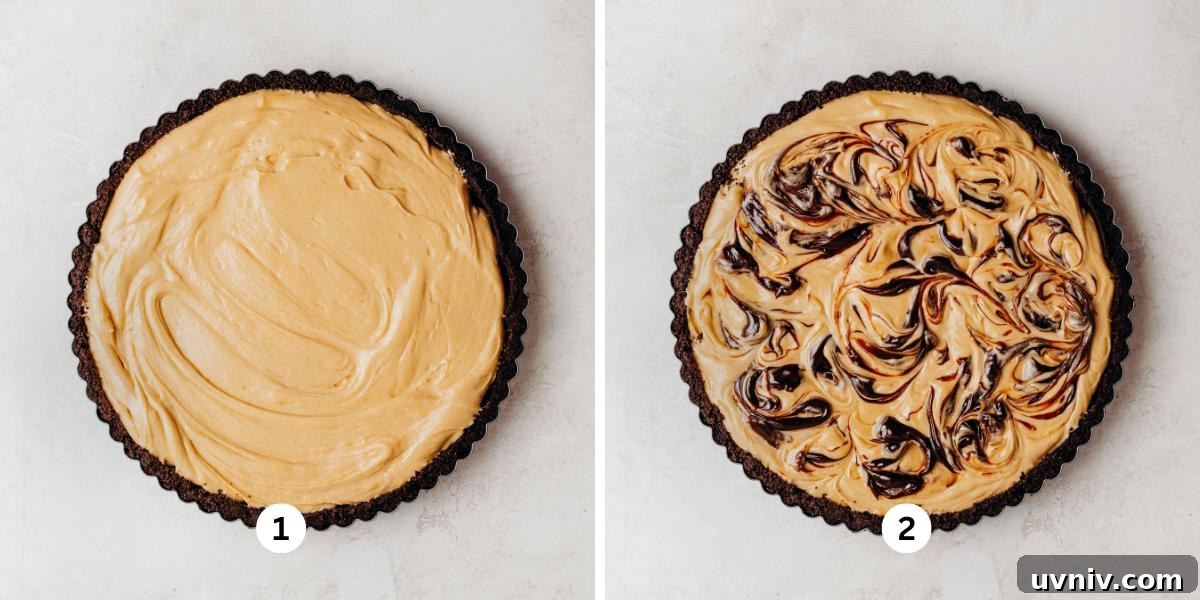 Adding peanut butter filling to a sandwich cookie crust in a round tart pan and finished tart with chocolate syrup swirled on top.