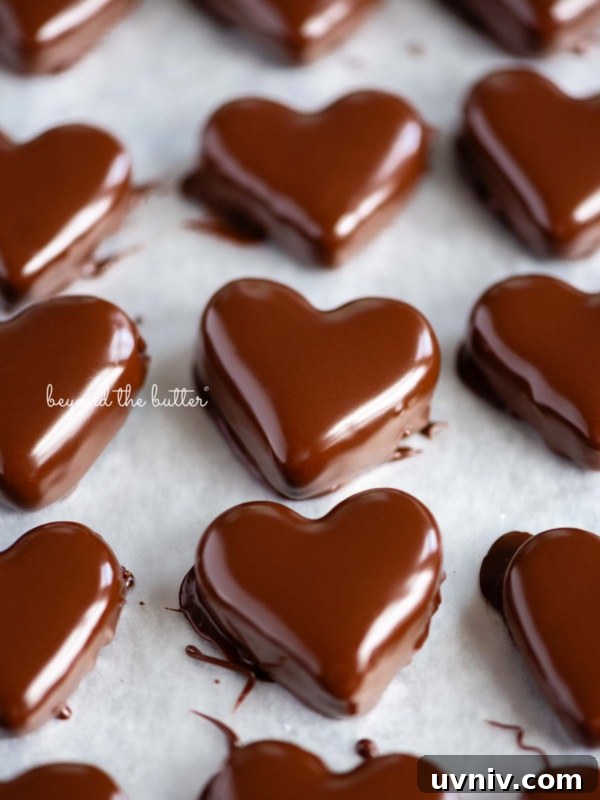 Rows of just dipped chocolate covered peanut butter hearts on a wax paper lined baking sheets.