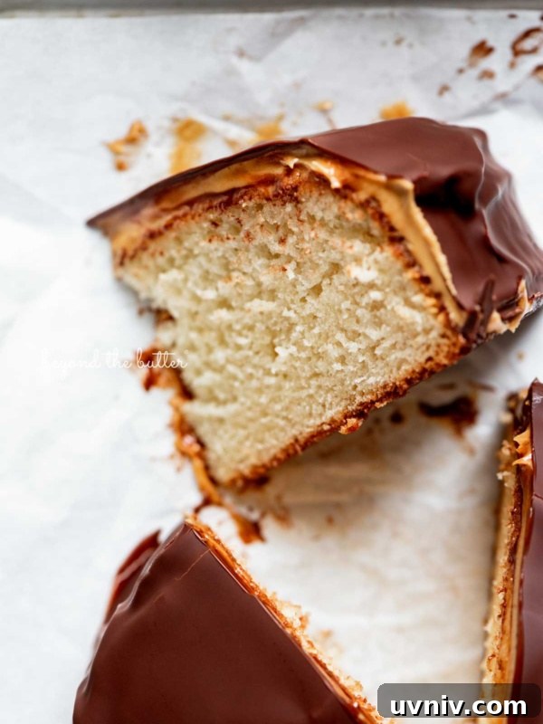 Small chocolate peanut butter tandy kake with a slice removed and placed on its side.