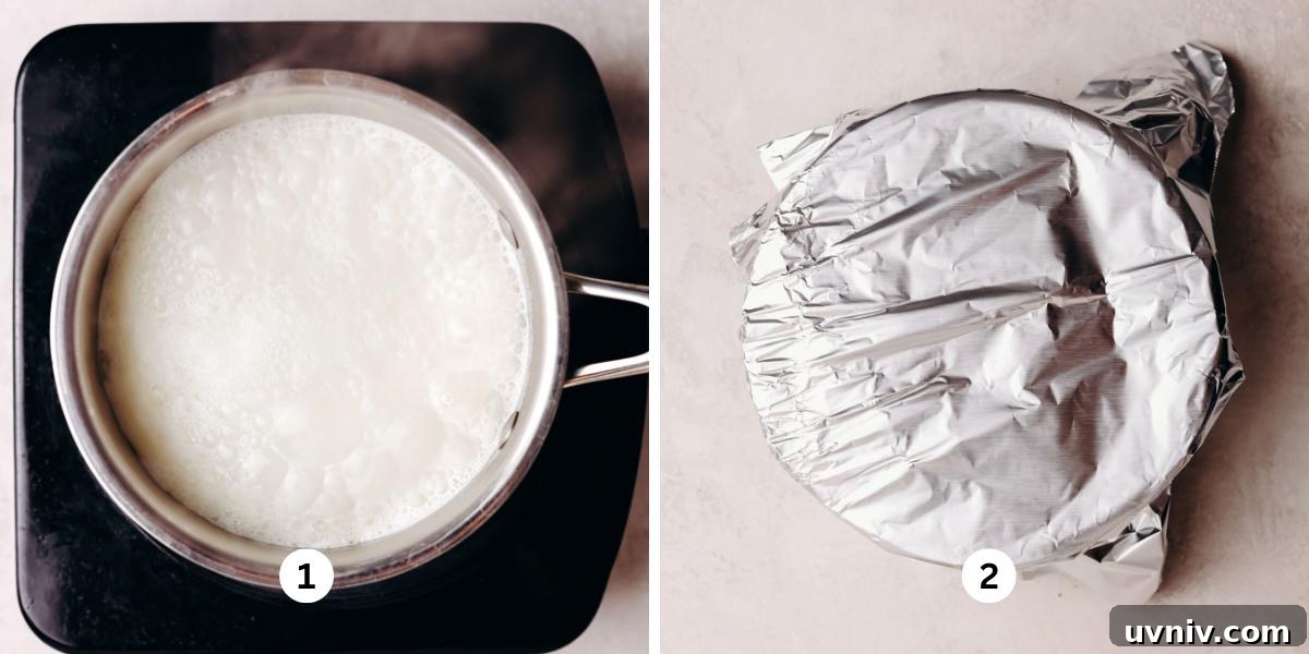 Heating heavy cream in a saucepan over a induction cook top then covering chocolate chips and heavy cream with aluminum foil.