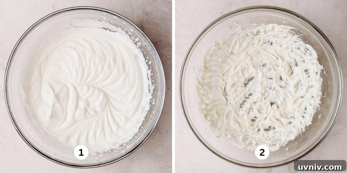 Whipping cream and beating cream cheese until light and fluffy in large glass bowls.