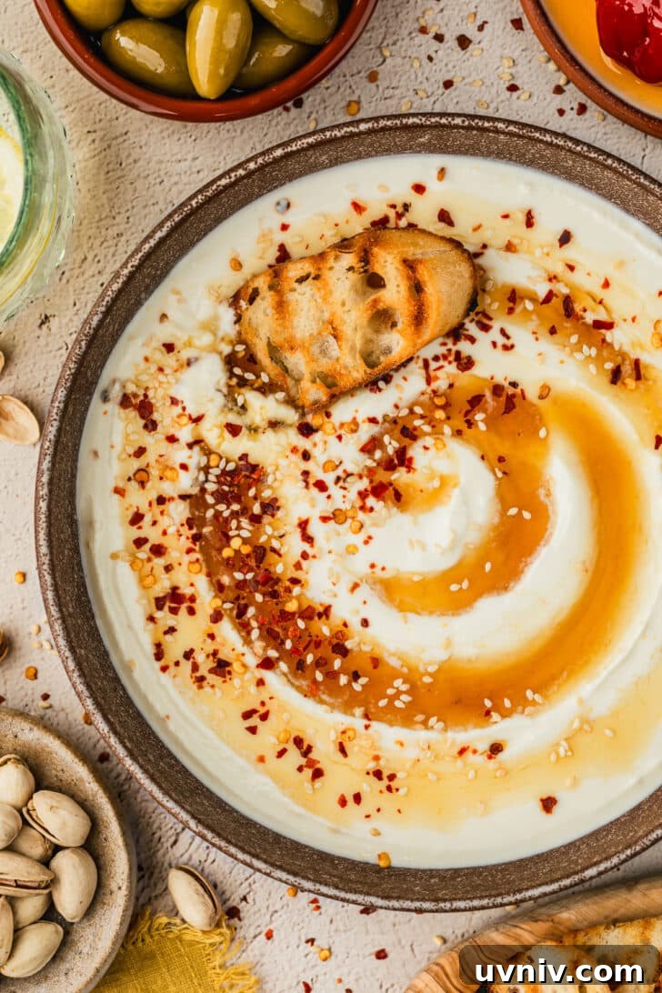 Whipped Feta with Honey in 5 Minutes — Creamy Dip Recipe 6 A brown bowl of whipped feta with honey on a beige table next to brown bowls of olives, pistachios, peppers, and bread.