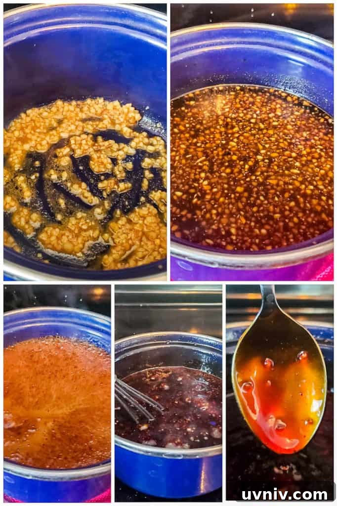 Making teriyaki sauce Prep image collage showing step by step cooking process of teriyaki sauce in a blue pan.